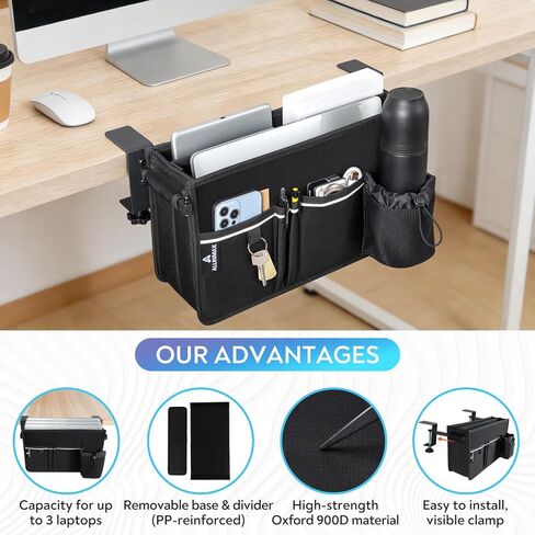 Side Desk Storage Organizer with Adjustable Divider & Bottle Pocket, Soft-Lined Interior, Side Desk Laptop Holder for Up to 3 Laptops, Clamp Mount Laptop Desk Holder, Fits 0.6″-3.2″ Flat Edge in Saudi Arabia