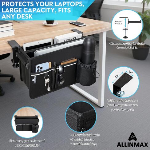 Side Desk Storage Organizer with Adjustable Divider & Bottle Pocket, Soft-Lined Interior, Side Desk Laptop Holder for Up to 3 Laptops, Clamp Mount Laptop Desk Holder, Fits 0.6″-3.2″ Flat Edge in Saudi Arabia