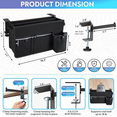 Side Desk Storage Organizer with Adjustable Divider & Bottle Pocket, Soft-Lined Interior, Side Desk Laptop Holder for Up to 3 Laptops, Clamp Mount Laptop Desk Holder, Fits 0.6″-3.2″ Flat Edge in Saudi Arabia
