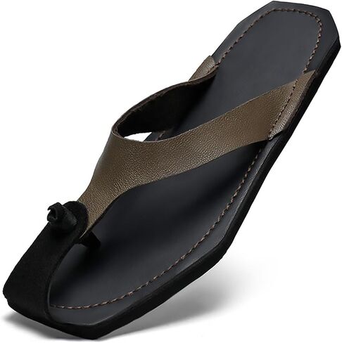 Men's Genuine Leather Flip-Flops Fashion Square Toe Flat Beach Sandals Casual Comfort Thong Slides Sandals for Vacation Leisure in Kuwait