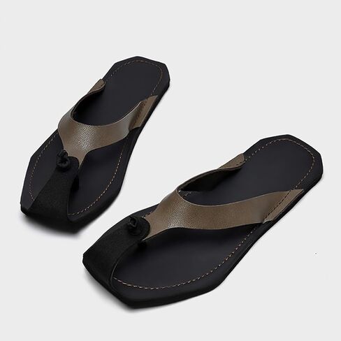 Men's Genuine Leather Flip-Flops Fashion Square Toe Flat Beach Sandals Casual Comfort Thong Slides Sandals for Vacation Leisure in Kuwait