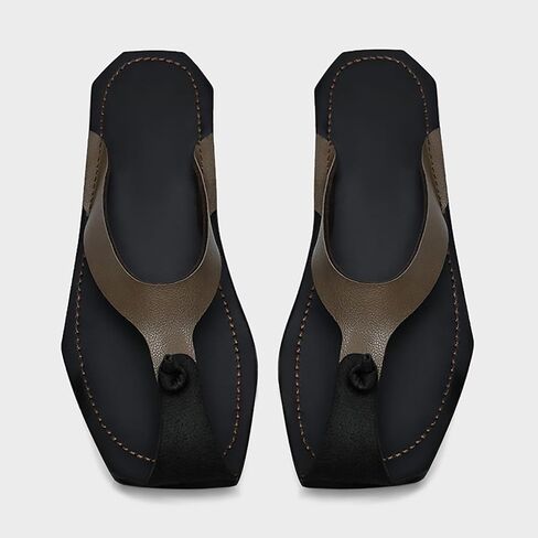 Men's Genuine Leather Flip-Flops Fashion Square Toe Flat Beach Sandals Casual Comfort Thong Slides Sandals for Vacation Leisure in Kuwait