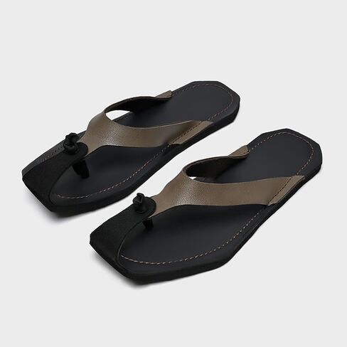 Men's Genuine Leather Flip-Flops Fashion Square Toe Flat Beach Sandals Casual Comfort Thong Slides Sandals for Vacation Leisure in Kuwait