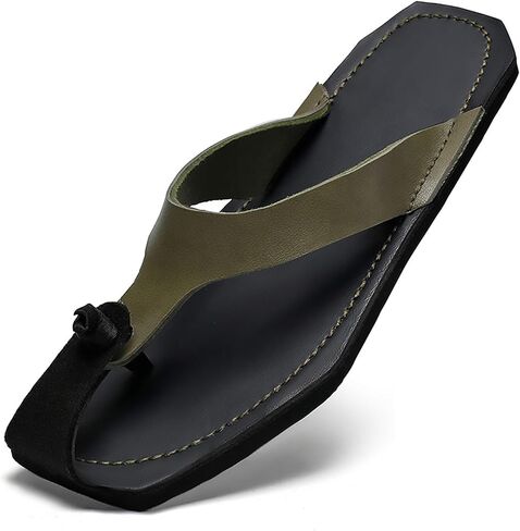 Men's Genuine Leather Flip-Flops Fashion Square Toe Flat Beach Sandals Casual Comfort Thong Slides Sandals for Vacation Leisure in Kuwait