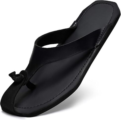 Men's Genuine Leather Flip-Flops Fashion Square Toe Flat Beach Sandals Casual Comfort Thong Slides Sandals for Vacation Leisure in Kuwait