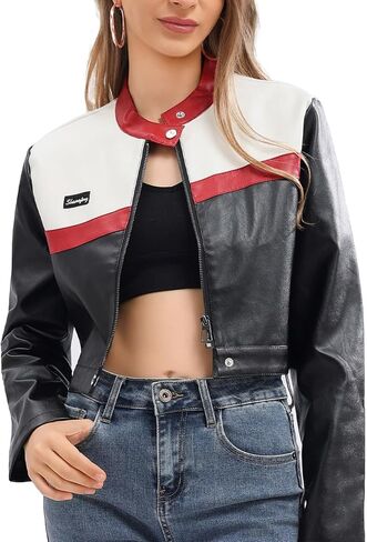 Women Cropped Faux Leather Jacket Moto Biker Bomber Jackets Zip Up Motorcycle Coats in Saudi Arabia