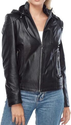 Leather Jacket With Hoodie Women's Zip-Up Style, Black in Saudi Arabia