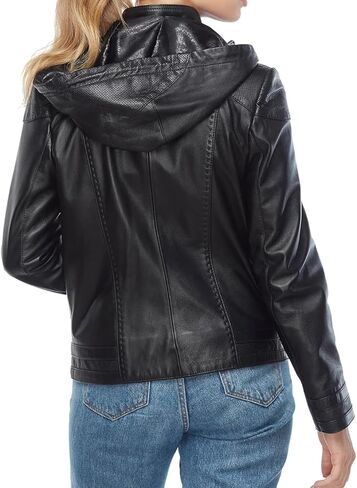 Leather Jacket With Hoodie Women's Zip-Up Style, Black in Saudi Arabia