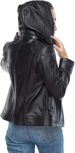 Leather Jacket With Hoodie Women's Zip-Up Style, Black in Saudi Arabia
