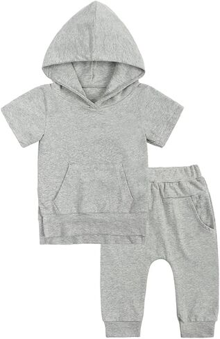 طقم ملابس للأولاد والبنات مع هوديس بأكمام قصيرة + بنطلون رياضي للأطفال الصغار من القطن بدلة رياضية بغطاء للرأس للأطفال الصغار in Kuwait