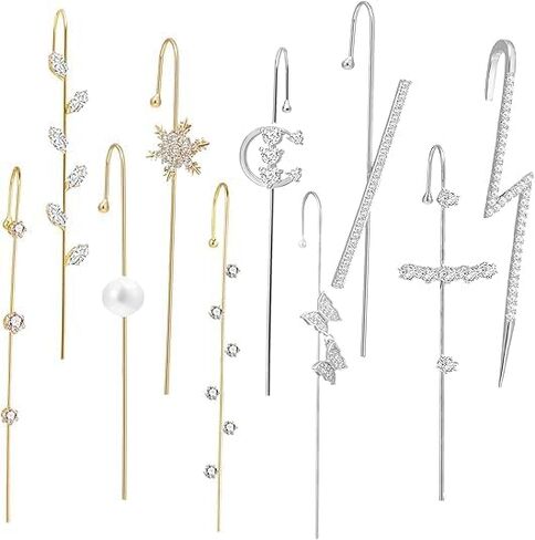 Ear Crawler Earrings for Women, Helix Hook Earrings with Snowflake & Lightning Bolt Rhinestone Design, Trendy Crawling Ear Cuff Jewelry in Saudi Arabia