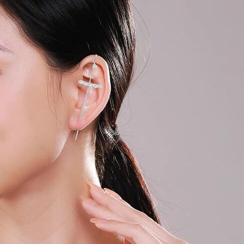 Ear Crawler Earrings for Women, Helix Hook Earrings with Snowflake & Lightning Bolt Rhinestone Design, Trendy Crawling Ear Cuff Jewelry in Saudi Arabia