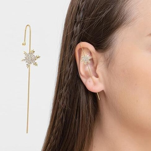 Ear Crawler Earrings for Women, Helix Hook Earrings with Snowflake & Lightning Bolt Rhinestone Design, Trendy Crawling Ear Cuff Jewelry in Saudi Arabia