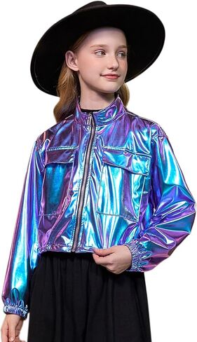 Perfashion Girls Metallic Cropped Bomber Jacket Zip Up Cargo Jacket Sparkly Lightweight Coat Windbreaker with Pockets in Saudi Arabia