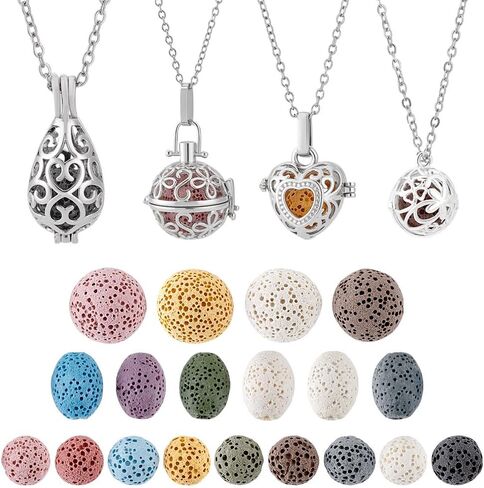 PH PandaHall 4pcs Essential Oil Diffuser Necklace Aromatherapy Locket Pendant With Stainless Steel Necklace And 26 Pieces Refill Lava Rock Round Beads for Women Jewelry Accessory Birthday Gift in Saudi Arabia