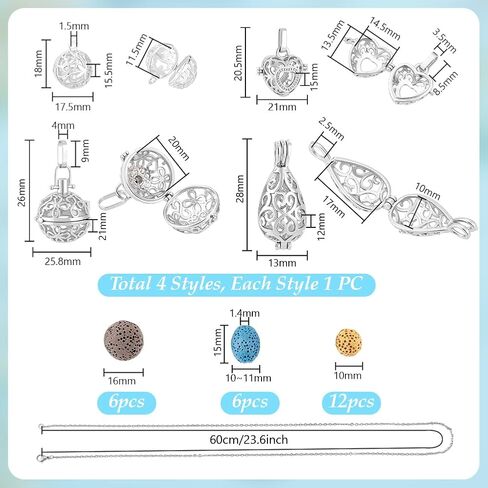 PH PandaHall 4pcs Essential Oil Diffuser Necklace Aromatherapy Locket Pendant With Stainless Steel Necklace And 26 Pieces Refill Lava Rock Round Beads for Women Jewelry Accessory Birthday Gift in Saudi Arabia