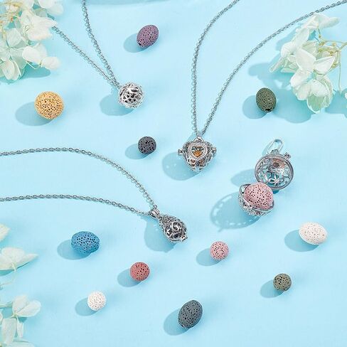 PH PandaHall 4pcs Essential Oil Diffuser Necklace Aromatherapy Locket Pendant With Stainless Steel Necklace And 26 Pieces Refill Lava Rock Round Beads for Women Jewelry Accessory Birthday Gift in Saudi Arabia