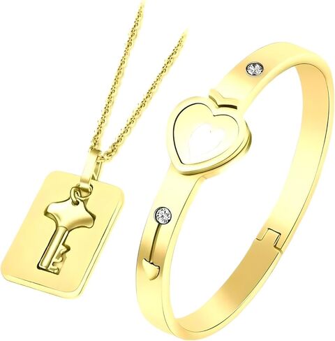 925 Sterling Silver Set of Lock Bracelet and Key Necklace - 14K Yellow Gold Lock Bracelet and Key Pendant Chain Necklaces - Heart Lock and Key Jewelry Merchandise for Women and Men in Saudi Arabia