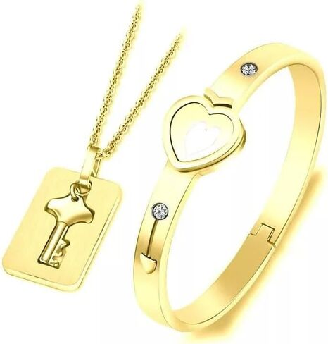 925 Sterling Silver Set of Lock Bracelet and Key Necklace - 14K Yellow Gold Lock Bracelet and Key Pendant Chain Necklaces - Heart Lock and Key Jewelry Merchandise for Women and Men in Saudi Arabia