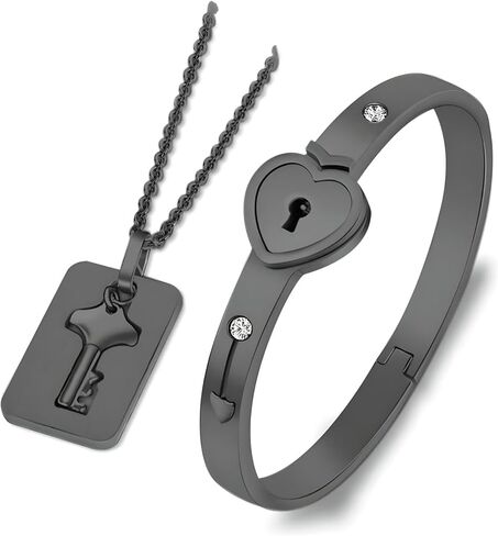 925 Sterling Silver Set of Lock Bracelet and Key Necklace - 14K Yellow Gold Lock Bracelet and Key Pendant Chain Necklaces - Heart Lock and Key Jewelry Merchandise for Women and Men in Saudi Arabia