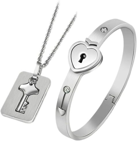925 Sterling Silver Set of Lock Bracelet and Key Necklace - 14K Yellow Gold Lock Bracelet and Key Pendant Chain Necklaces - Heart Lock and Key Jewelry Merchandise for Women and Men in Saudi Arabia