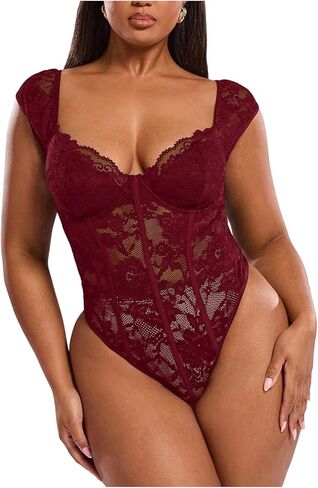 Floerns Women's Plus Size Floral Lace Bodysuit Cap Sleeve Sweetheart Neck Bustier Corset Body Suit in Saudi Arabia