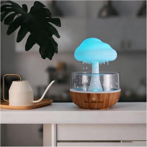 Weljoy Mushroom Cloud Rain Lamp, 7 Color Changing LED Tabletop Fountain with Water Drip Sounds, USB Rechargeable Desk Decor for Home, Office (Wood Grain Base) in Kuwait