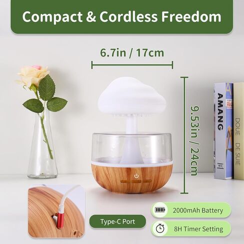 Weljoy Mushroom Cloud Rain Lamp, 7 Color Changing LED Tabletop Fountain with Water Drip Sounds, USB Rechargeable Desk Decor for Home, Office (Wood Grain Base) in Kuwait