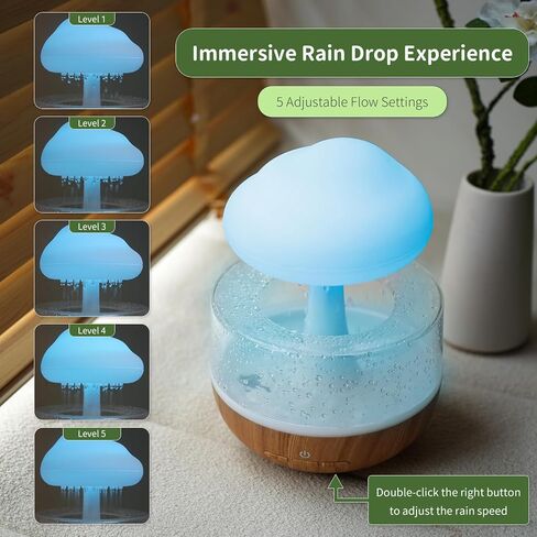 Weljoy Mushroom Cloud Rain Lamp, 7 Color Changing LED Tabletop Fountain with Water Drip Sounds, USB Rechargeable Desk Decor for Home, Office (Wood Grain Base) in Kuwait