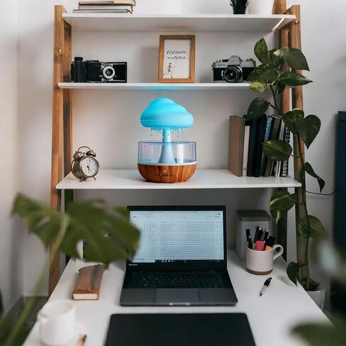 Weljoy Mushroom Cloud Rain Lamp, 7 Color Changing LED Tabletop Fountain with Water Drip Sounds, USB Rechargeable Desk Decor for Home, Office (Wood Grain Base) in Kuwait