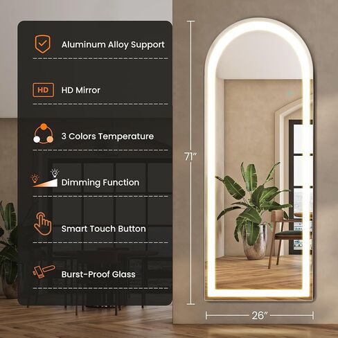 مرآة كاملة الطول من Elevon مع أضواء LED، مرآة أرضية مقاس 71 بوصة × 26 بوصة مع إضاءة خافتة و3 ألوان، مرايا LED كاملة الطول مع حامل لغرفة النوم، وغرفة الملابس، مقوسة in Saudi Arabia