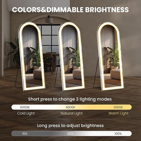مرآة كاملة الطول من Elevon مع أضواء LED، مرآة أرضية مقاس 71 بوصة × 26 بوصة مع إضاءة خافتة و3 ألوان، مرايا LED كاملة الطول مع حامل لغرفة النوم، وغرفة الملابس، مقوسة in Saudi Arabia