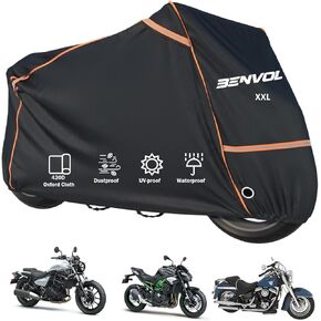 غطاء دراجة نارية عالي التحمل من BENVOL 420D مقاوم للماء في الهواء الطلق، غطاء دراجة نارية من مادة مقاومة للمطر 5000 مم مع إبزيمين مقاومين للرياح، وفتحات قفل وشرائط عاكسة واسعة، وحماية من غبار الشمس والأشعة فوق البنفسجية in Kuwait