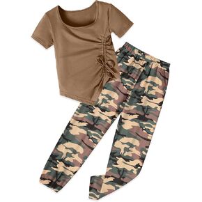 ملابس الفتيات ملابس علوية بأكمام قصيرة ورباط مكشكش غير منتظم وسراويل الفتيات المموهة قطعتين ملابس الفتيات الصيفية in Kuwait