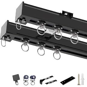 Aluminum Alloy Material Double Curtain Track, Ceiling Wall Mounted Heavy-Duty Curtains Rails, Slide Quietly Curtain Track Rail for Window, Silent and Smooth, Easy to Install(Black,460cm(15.1 in Kuwait
