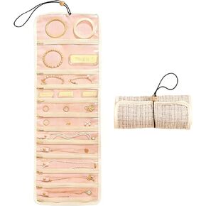 بكرة مجوهرات للسفر، منظم مجوهرات محمول باللون البيج مع جيوب بسحاب، منظم مجوهرات بسعة كبيرة 28.3 بوصة مع أشرطة فردية، خطاف تعليق، موفر للمساحة، بوليستر للقلادة والسوار in Kuwait