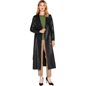 معطف واقٍ من الجلد الطبيعي للنساء مصنوع من جلد الخراف الأسود ومعطف طويل مع حزام SmartUniverseWear in Kuwait