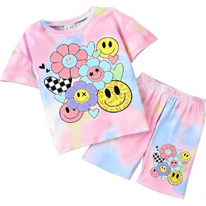 مجموعة ملابس الفتيات الصيفية المكونة من قطعتين من الملابس ذات وجه مبتسم وأكمام قصيرة وقميص قصير الأكمام in Kuwait