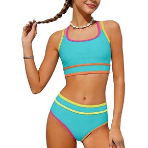 ملابس سباحة للفتيات بيكيني من قطعتين، بدلة استحمام رياضية عالية الخصر للفتيات 9-16 سنة in Kuwait