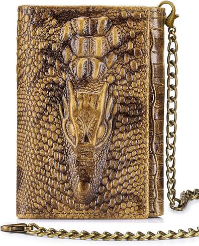 Steel Lion Genuine Cowhide Leather Men's Wallet - Crocodile-Embossed Design with Large ID Window, 15 Card Slots & Built-in Zippered Coin Pocket, Includes Anti-Theft Chain in Saudi Arabia