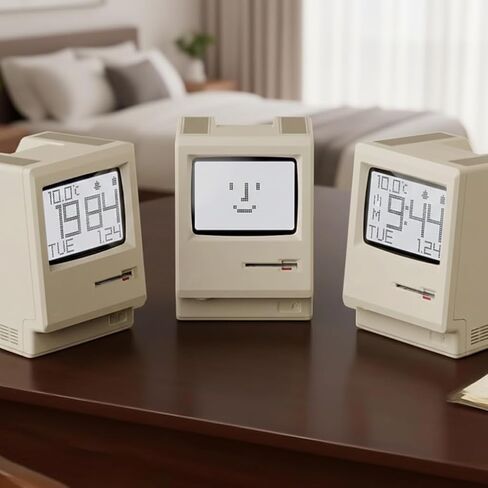 منبه OIJ Maclock Retro Pixel، 1984 ساعة مكتب USB مستوحاة من الكمبيوتر مع شاشة عرض بكسل، منبهات متعددة، سطوع قابل للتعديل، تقويم، درجة الحرارة in Saudi Arabia