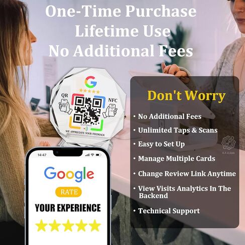 شاشة كريستال مثمنة مع NFC ورمز الاستجابة السريعة لمراجعات العملاء، لا توجد رسوم شهرية ولا حاجة إلى تطبيق، متوافقة مع صفحة أعمال Google، انقر أو قم بالمسح الضوئي لترك تعليقات in Saudi Arabia