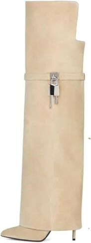 Keleimusi أضعاف فوق الفخذ العليا فوق الركبة الأحذية للنساء وأشار اصبع القدم الخناجر عالية الكعب قفل الأحذية واسعة العجل سحب على أحذية فساتين راقية in Kuwait