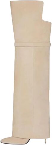 Keleimusi أضعاف فوق الفخذ العليا فوق الركبة الأحذية للنساء وأشار اصبع القدم الخناجر عالية الكعب قفل الأحذية واسعة العجل سحب على أحذية فساتين راقية in Kuwait