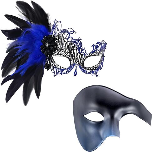 Couples Masquerade Mask Set, 2 Pcs Venetian Masquerade Masks with Feathers Mask and Phantom of The Opera EyeMask in Saudi Arabia