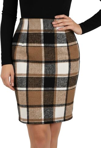 Plaid Skirts for Women Fall Winter Knee Length Christmas Holiday Pencil Wool Midi Skirt with Back Slit in Saudi Arabia