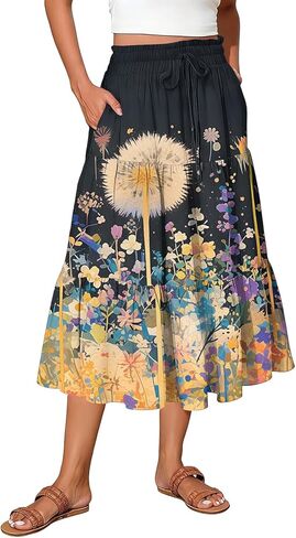 Womens Boho Tribal Print Maxi Skirt Elastic High Waist Flowy Pleated Long Skirt S-XXL in Saudi Arabia