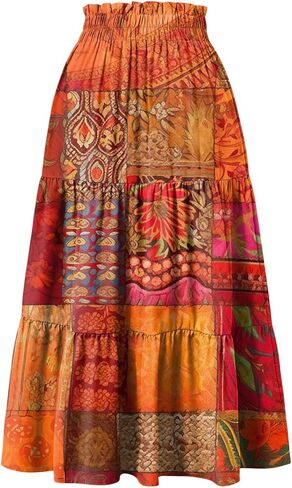 تنورة نسائية طويلة بطباعة قبلية بوهو مرنة عالية الخصر ذات ثنيات طويلة S-XXL in Kuwait