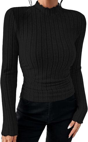 Women's Frill Mock Neck Rib Knit Long Sleeve Blouse Shirt Top in Saudi Arabia