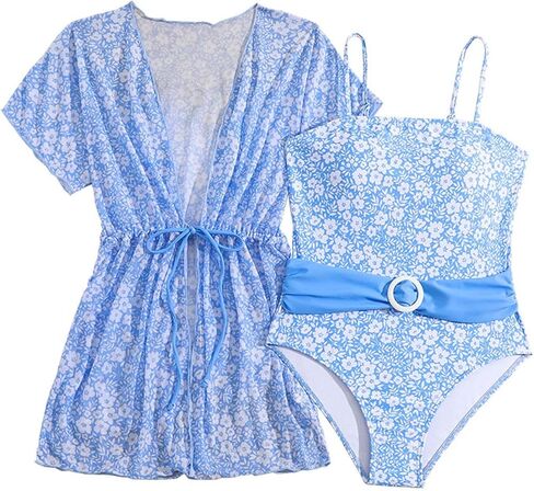 Girl's 2 Piece Swimsuit Tropical Floral Print One Piece Swimsuit Beach Bathing Suit with Kimono Cover Up in Saudi Arabia